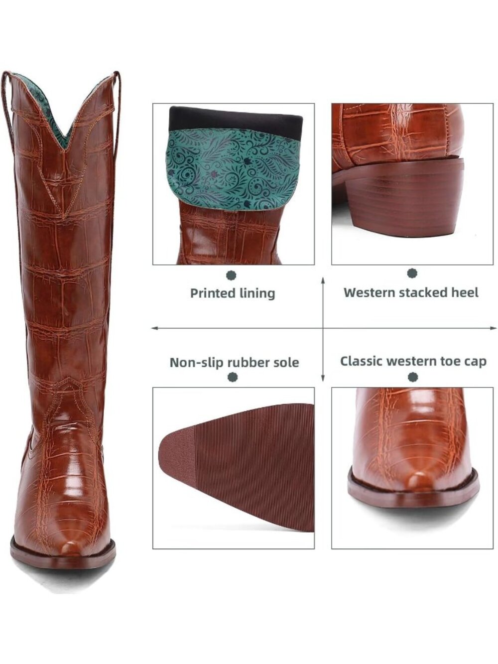 Women's Brown Knee High Cowgirl Boots Chunky Heel Western Tall Boots Casual - Picture 6 of 6